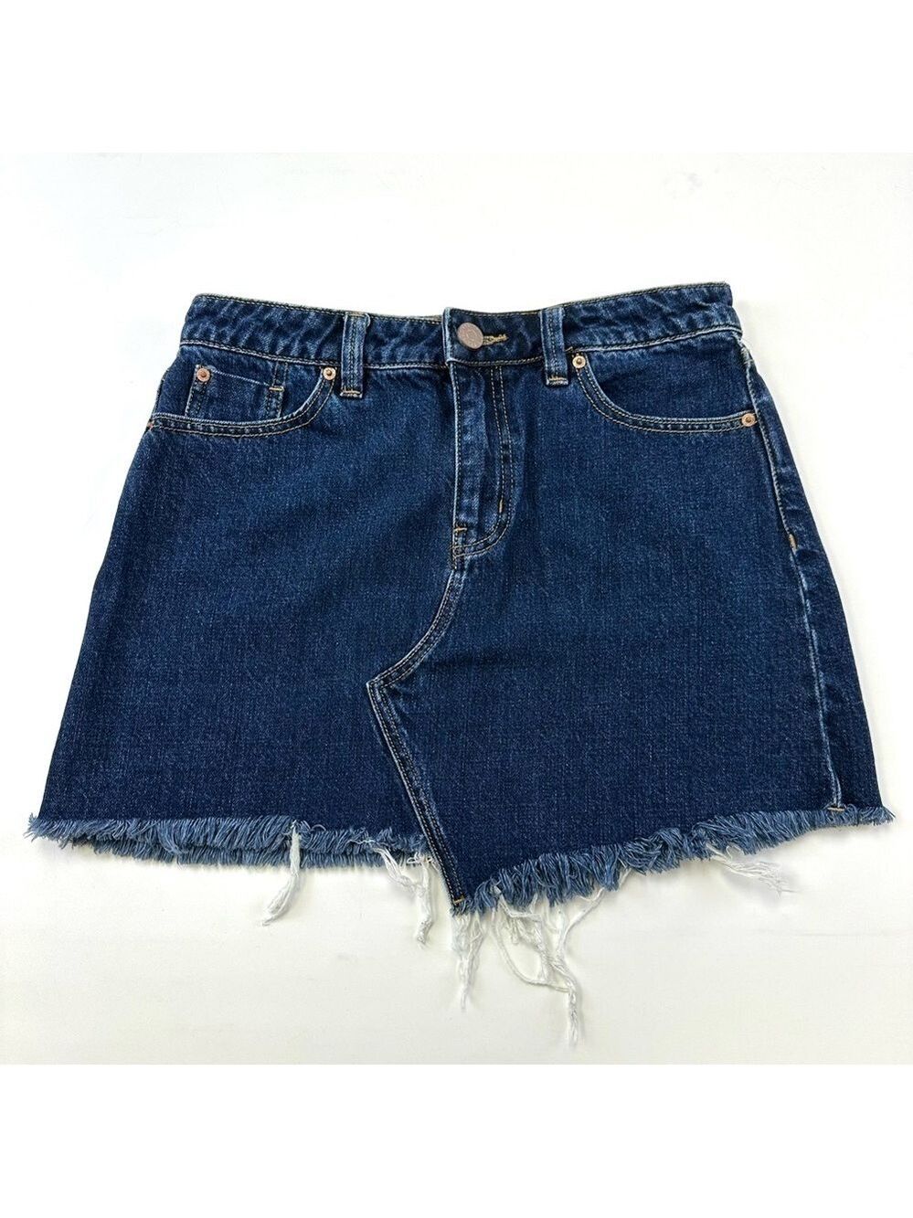 BDG denim mini skirt dark wash Urban Outfitters asymmetrical jean raw hem